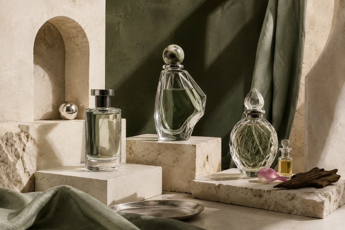 Elegant fragrance bottles displayed on natural stone pedestals with vanilla, a flower, and green fabric in a warm, editorial setting.