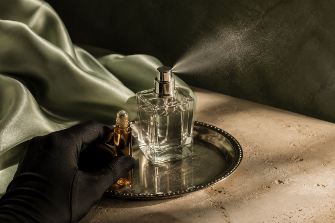 A gloved hand holds a perfume oil beside a clear spray bottle misting fragrance on a silver tray, with green satin in the background.